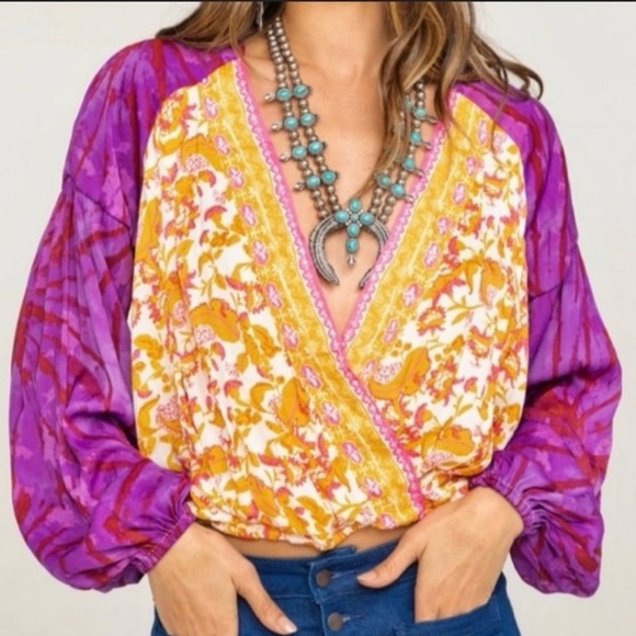 Free People Wrap Blouse in Orange and Yellow with Long Sleeves - Picture 1 of 14